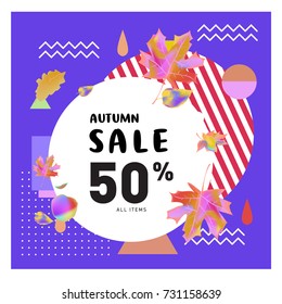Autumn sale memphis style web banner. Fashion and travel discount poster. Vector holiday Abstract colorful illustration with special offer and promotion.