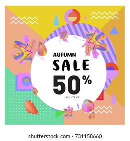 Autumn sale memphis style web banner. Fashion and travel discount poster. Vector holiday Abstract colorful illustration with special offer and promotion.