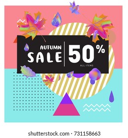 Autumn sale memphis style web banner. Fashion and travel discount poster. Vector holiday Abstract colorful illustration with special offer and promotion.