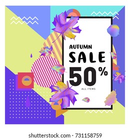 Autumn sale memphis style web banner. Fashion and travel discount poster. Vector holiday Abstract colorful illustration with special offer and promotion.