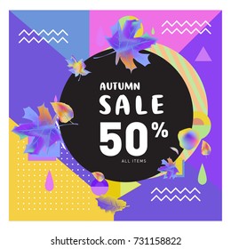 Autumn sale memphis style web banner. Fashion and travel discount poster. Vector holiday Abstract colorful illustration with special offer and promotion.