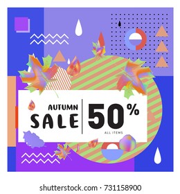 Autumn sale memphis style web banner. Fashion and travel discount poster. Vector holiday Abstract colorful illustration with special offer and promotion.
