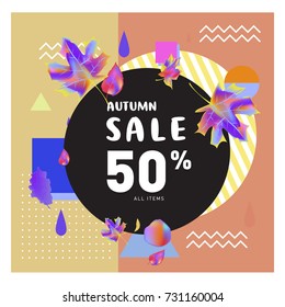 Autumn sale memphis style web banner. Fashion and travel discount poster. Vector holiday Abstract colorful illustration with special offer and promotion.