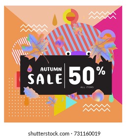 Autumn sale memphis style web banner. Fashion and travel discount poster. Vector holiday Abstract colorful illustration with special offer and promotion.