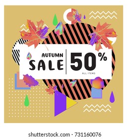 Autumn sale memphis style web banner. Fashion and travel discount poster. Vector holiday Abstract colorful illustration with special offer and promotion.