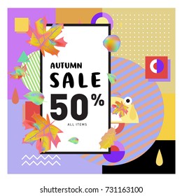 Autumn sale memphis style web banner. Fashion and travel discount poster. Vector holiday Abstract colorful illustration with special offer and promotion.