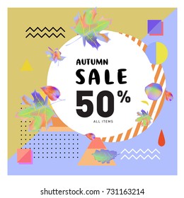 Autumn sale memphis style web banner. Fashion and travel discount poster. Vector holiday Abstract colorful illustration with special offer and promotion.
