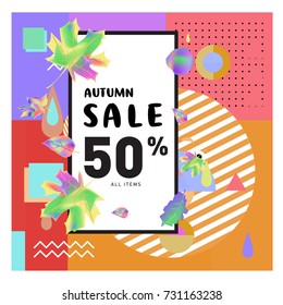 Autumn sale memphis style web banner. Fashion and travel discount poster. Vector holiday Abstract colorful illustration with special offer and promotion.