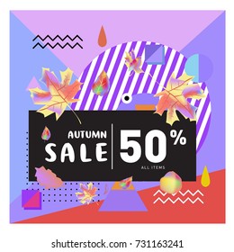 Autumn sale memphis style web banner. Fashion and travel discount poster. Vector holiday Abstract colorful illustration with special offer and promotion.
