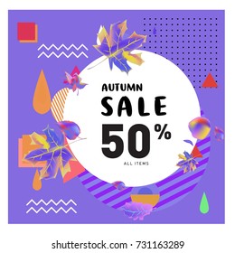 Autumn sale memphis style web banner. Fashion and travel discount poster. Vector holiday Abstract colorful illustration with special offer and promotion.
