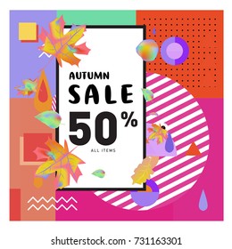 Autumn sale memphis style web banner. Fashion and travel discount poster. Vector holiday Abstract colorful illustration with special offer and promotion.