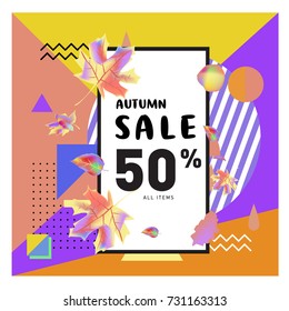 Autumn sale memphis style web banner. Fashion and travel discount poster. Vector holiday Abstract colorful illustration with special offer and promotion.