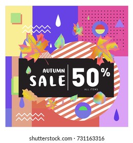 Autumn sale memphis style web banner. Fashion and travel discount poster. Vector holiday Abstract colorful illustration with special offer and promotion.