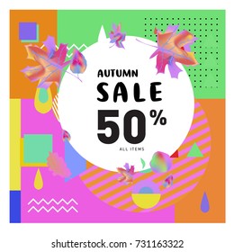 Autumn sale memphis style web banner. Fashion and travel discount poster. Vector holiday Abstract colorful illustration with special offer and promotion.