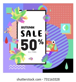 Autumn sale memphis style web banner. Fashion and travel discount poster. Vector holiday Abstract colorful illustration with special offer and promotion.