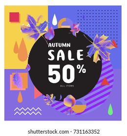 Autumn sale memphis style web banner. Fashion and travel discount poster. Vector holiday Abstract colorful illustration with special offer and promotion.