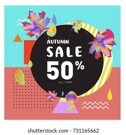 Autumn sale memphis style web banner. Fashion and travel discount poster. Vector holiday Abstract colorful illustration with special offer and promotion.