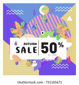 Autumn sale memphis style web banner. Fashion and travel discount poster. Vector holiday Abstract colorful illustration with special offer and promotion.