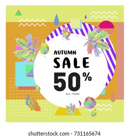 Autumn sale memphis style web banner. Fashion and travel discount poster. Vector holiday Abstract colorful illustration with special offer and promotion.