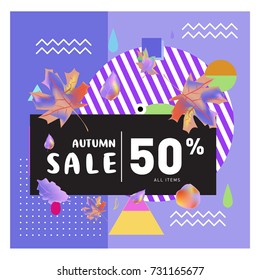 Autumn sale memphis style web banner. Fashion and travel discount poster. Vector holiday Abstract colorful illustration with special offer and promotion.