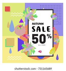 Autumn sale memphis style web banner. Fashion and travel discount poster. Vector holiday Abstract colorful illustration with special offer and promotion.