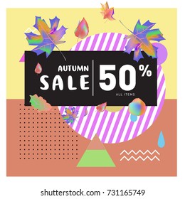 Autumn sale memphis style web banner. Fashion and travel discount poster. Vector holiday Abstract colorful illustration with special offer and promotion.