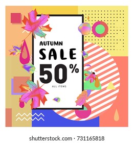 Autumn sale memphis style web banner. Fashion and travel discount poster. Vector holiday Abstract colorful illustration with special offer and promotion.