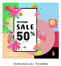 Autumn sale memphis style web banner. Fashion and travel discount poster. Vector holiday Abstract colorful illustration with special offer and promotion.