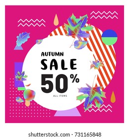 Autumn sale memphis style web banner. Fashion and travel discount poster. Vector holiday Abstract colorful illustration with special offer and promotion.