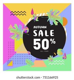 Autumn sale memphis style web banner. Fashion and travel discount poster. Vector holiday Abstract colorful illustration with special offer and promotion.