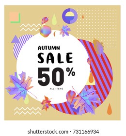 Autumn sale memphis style web banner. Fashion and travel discount poster. Vector holiday Abstract colorful illustration with special offer and promotion.