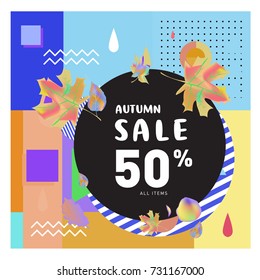 Autumn sale memphis style web banner. Fashion and travel discount poster. Vector holiday Abstract colorful illustration with special offer and promotion.