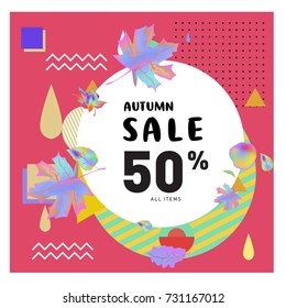 Autumn sale memphis style web banner. Fashion and travel discount poster. Vector holiday Abstract colorful illustration with special offer and promotion.