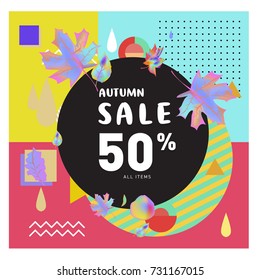 Autumn sale memphis style web banner. Fashion and travel discount poster. Vector holiday Abstract colorful illustration with special offer and promotion.