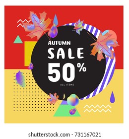 Autumn sale memphis style web banner. Fashion and travel discount poster. Vector holiday Abstract colorful illustration with special offer and promotion.