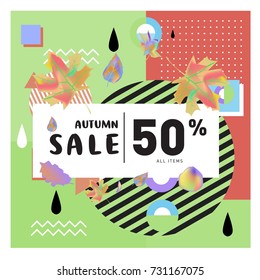 Autumn sale memphis style web banner. Fashion and travel discount poster. Vector holiday Abstract colorful illustration with special offer and promotion.