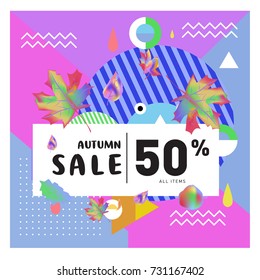 Autumn sale memphis style web banner. Fashion and travel discount poster. Vector holiday Abstract colorful illustration with special offer and promotion.