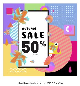 Autumn sale memphis style web banner. Fashion and travel discount poster. Vector holiday Abstract colorful illustration with special offer and promotion.