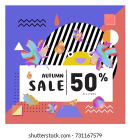 Autumn sale memphis style web banner. Fashion and travel discount poster. Vector holiday Abstract colorful illustration with special offer and promotion.
