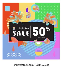 Autumn sale memphis style web banner. Fashion and travel discount poster. Vector holiday Abstract colorful illustration with special offer and promotion.