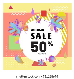 Autumn sale memphis style web banner. Fashion and travel discount poster. Vector holiday Abstract colorful illustration with special offer and promotion.