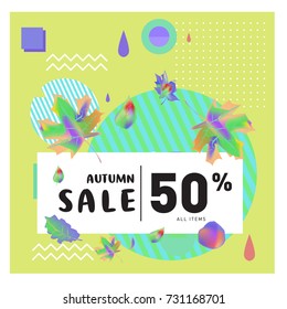 Autumn sale memphis style web banner. Fashion and travel discount poster. Vector holiday Abstract colorful illustration with special offer and promotion.