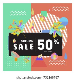 Autumn sale memphis style web banner. Fashion and travel discount poster. Vector holiday Abstract colorful illustration with special offer and promotion.