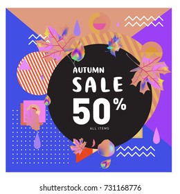Autumn sale memphis style web banner. Fashion and travel discount poster. Vector holiday Abstract colorful illustration with special offer and promotion.