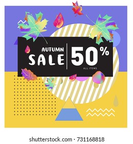 Autumn sale memphis style web banner. Fashion and travel discount poster. Vector holiday Abstract colorful illustration with special offer and promotion.