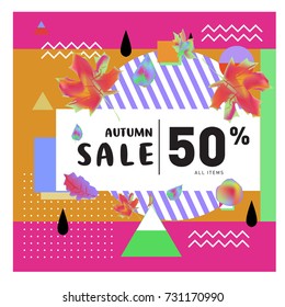 Autumn sale memphis style web banner. Fashion and travel discount poster. Vector holiday Abstract colorful illustration with special offer and promotion.