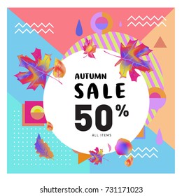 Autumn sale memphis style web banner. Fashion and travel discount poster. Vector holiday Abstract colorful illustration with special offer and promotion.