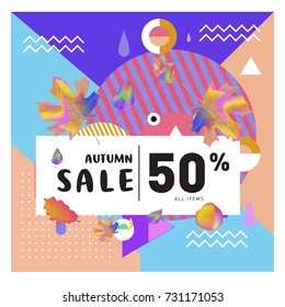 Autumn sale memphis style web banner. Fashion and travel discount poster. Vector holiday Abstract colorful illustration with special offer and promotion.