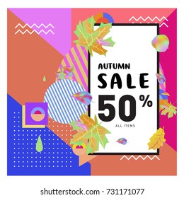 Autumn sale memphis style web banner. Fashion and travel discount poster. Vector holiday Abstract colorful illustration with special offer and promotion.
