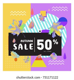 Autumn sale memphis style web banner. Fashion and travel discount poster. Vector holiday Abstract colorful illustration with special offer and promotion.